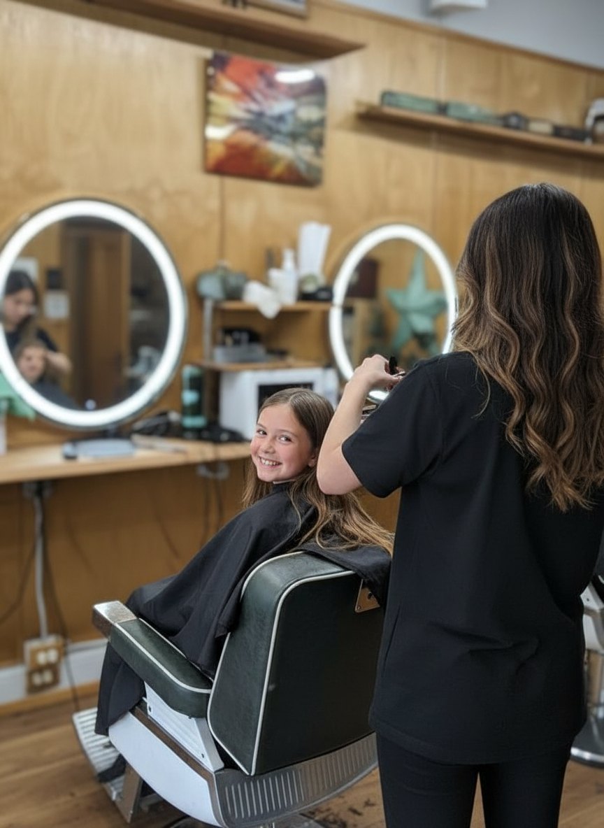 Girl's long hair trim at Land of Barbers, Greenpoint Brooklyn