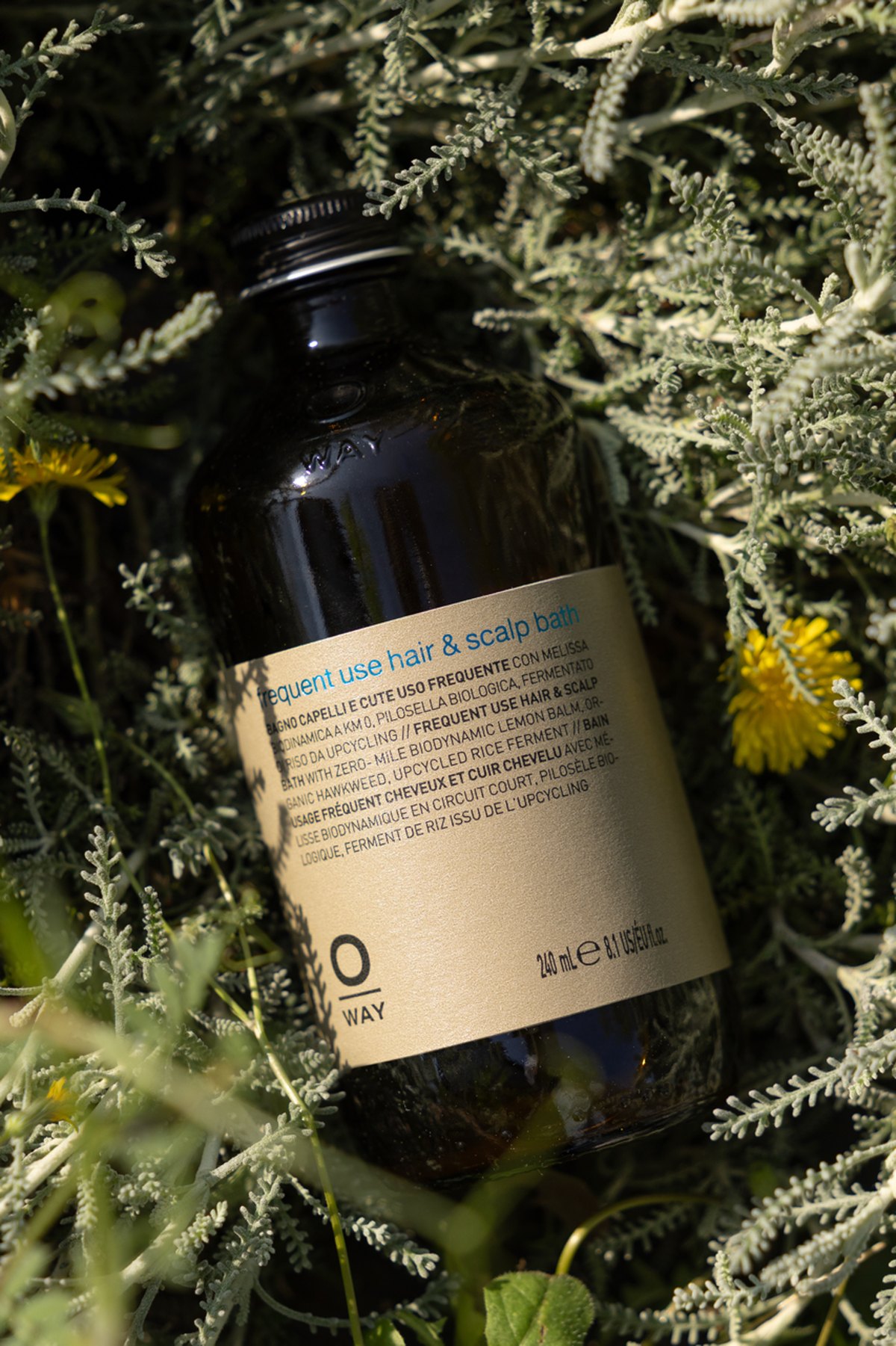Oway Frequent Use Hair & Scalp Bath amber bottle resting in a flowering meadow