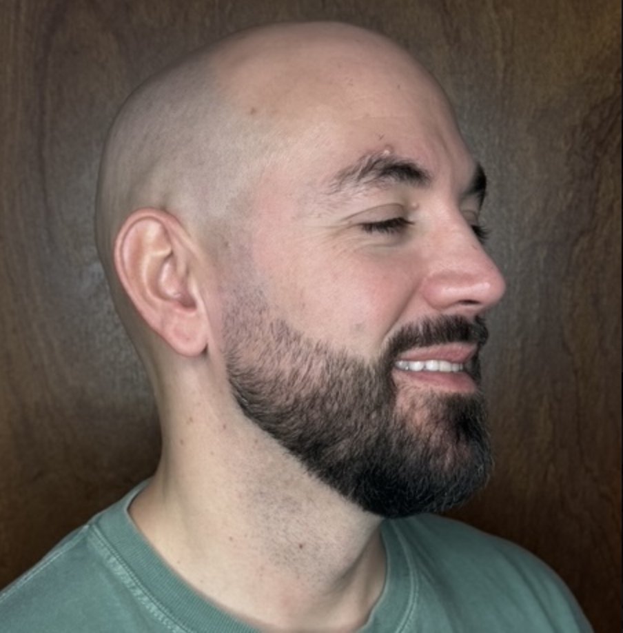 bald skin fade with full beard by Luis, Land of Barbers Greenpoint